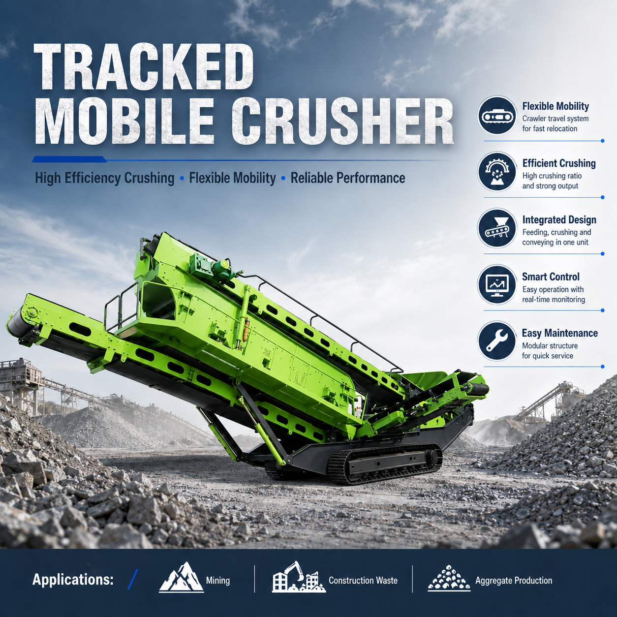 Solution minière FEIFAN OEM entièrement intégrée à haute efficacité pour la production d'agrégats de carrière et les opérations en terrain complexe avec installation mobile de concassage sur chenilles à forte mobilité