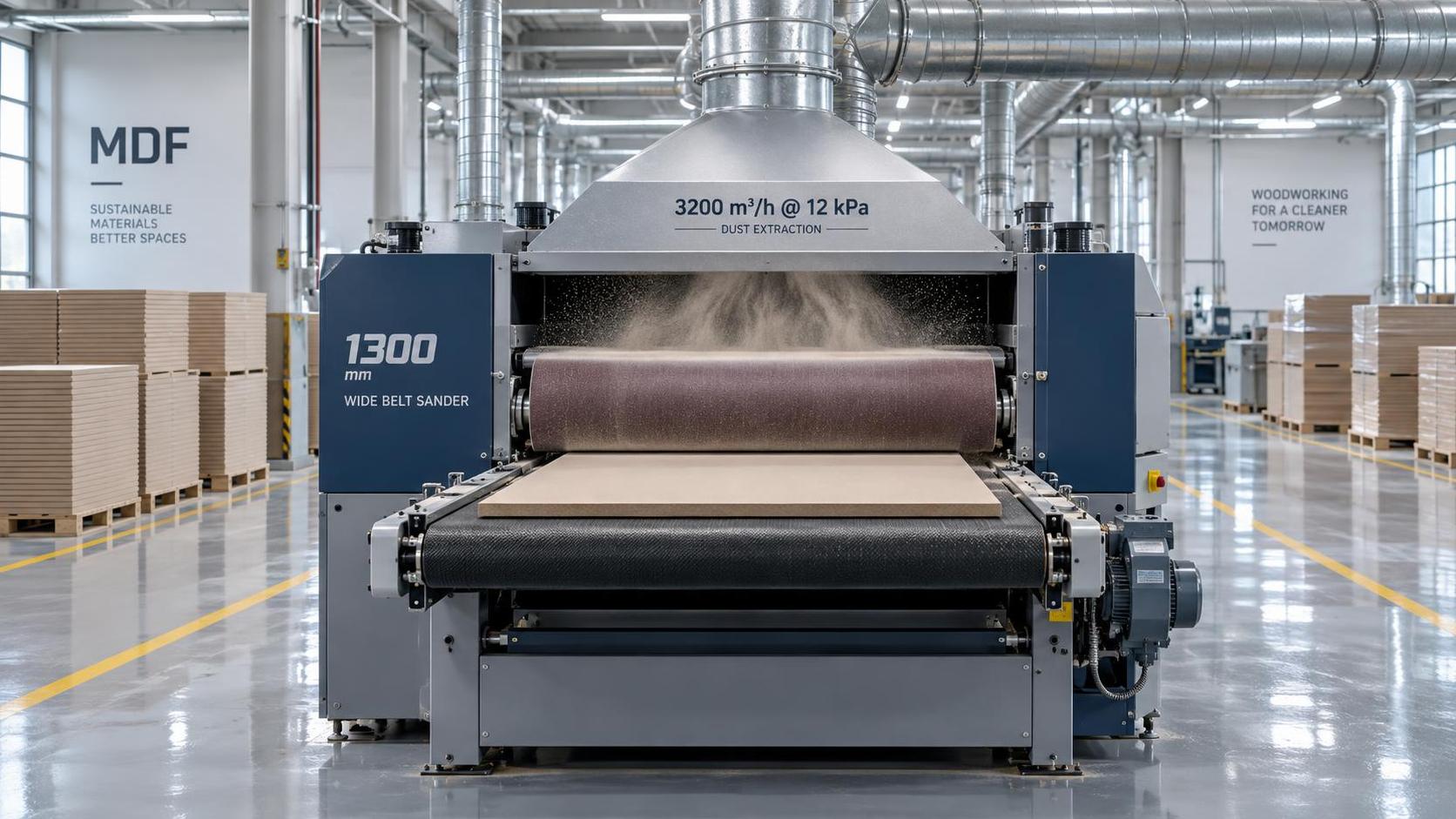 آلة صنفرة بالحزام العريض بعرض 1300mm لألواح MDF: متطلبات حاسمة لاستخراج الغبار (≥3200 m³/h @ 12 kPa) لتجنب احتراق السطح وتزهير الراتنج