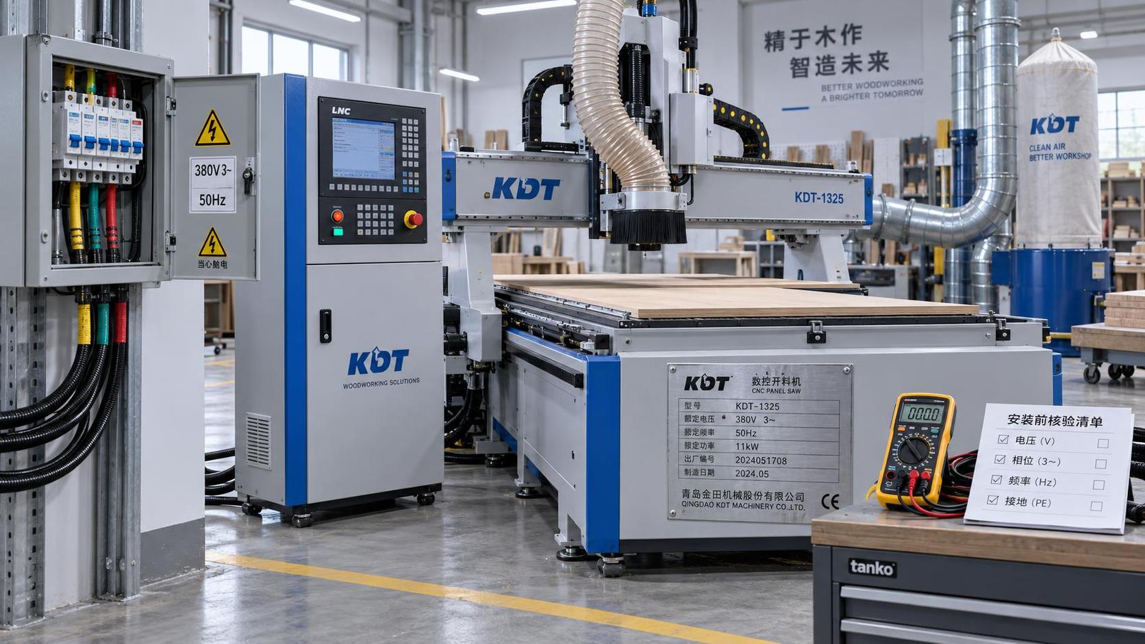 Verify woodworking machine voltage configuration before installation