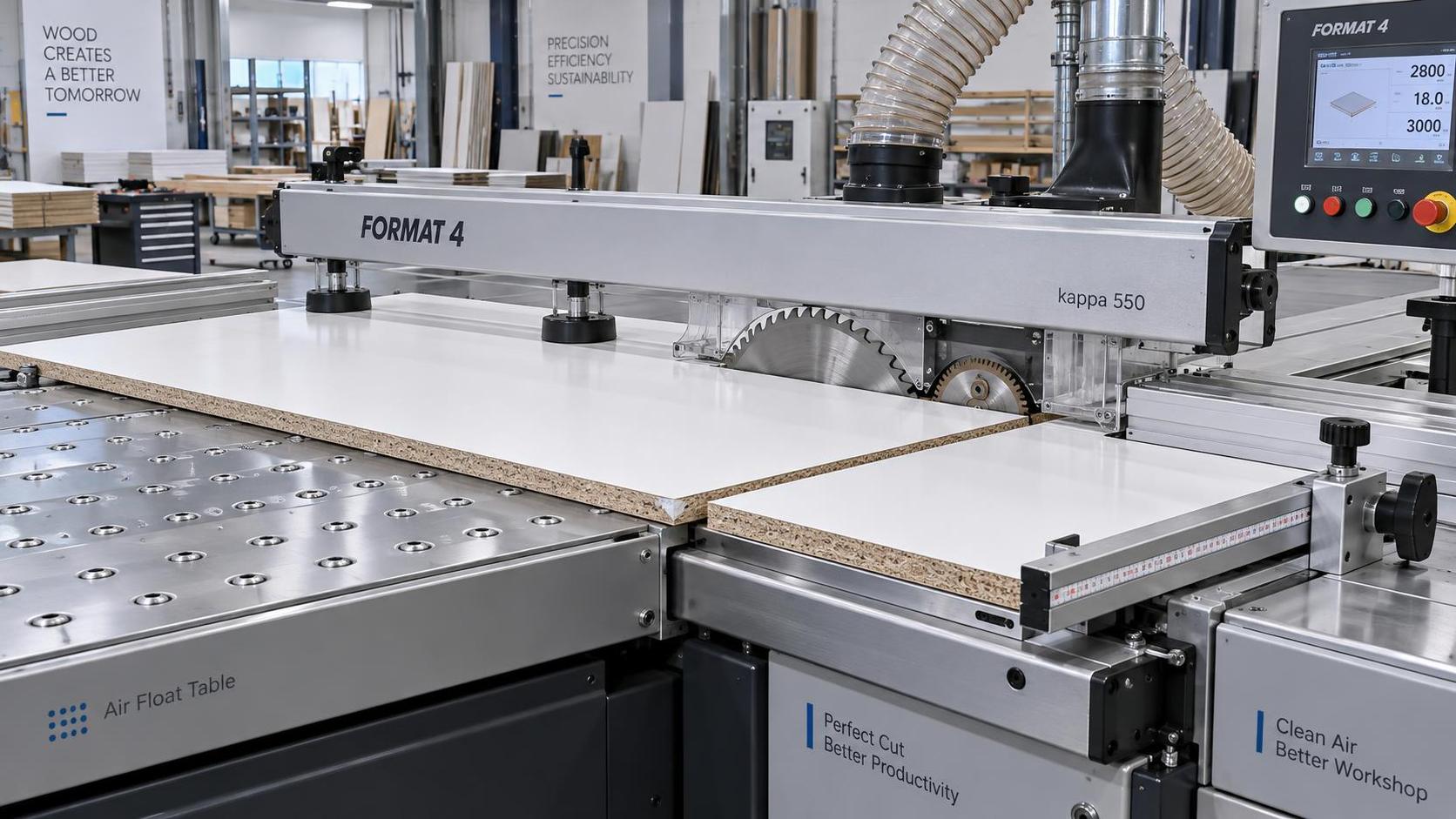 Which panel dividing saw features reduce chipping on melamine boards?