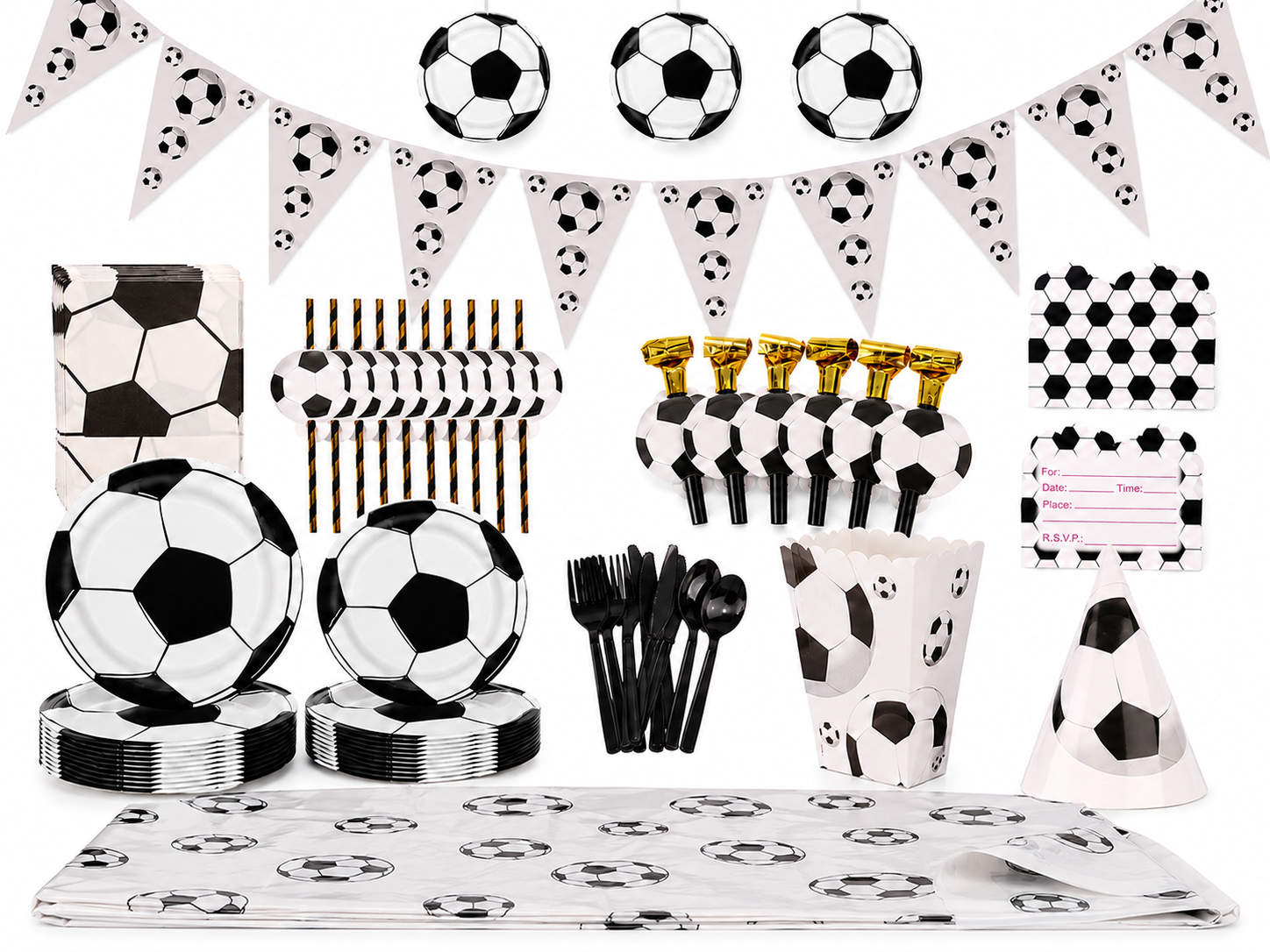 Black & White Soccer Party Tableware & Decorations Set