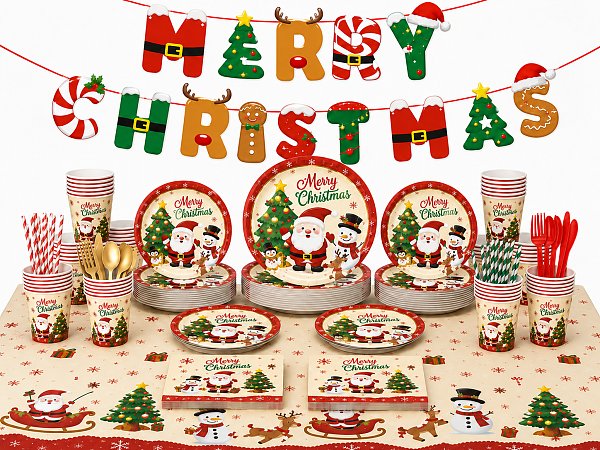 Santa & Snowman Christmas Party Tableware & Decorations Set