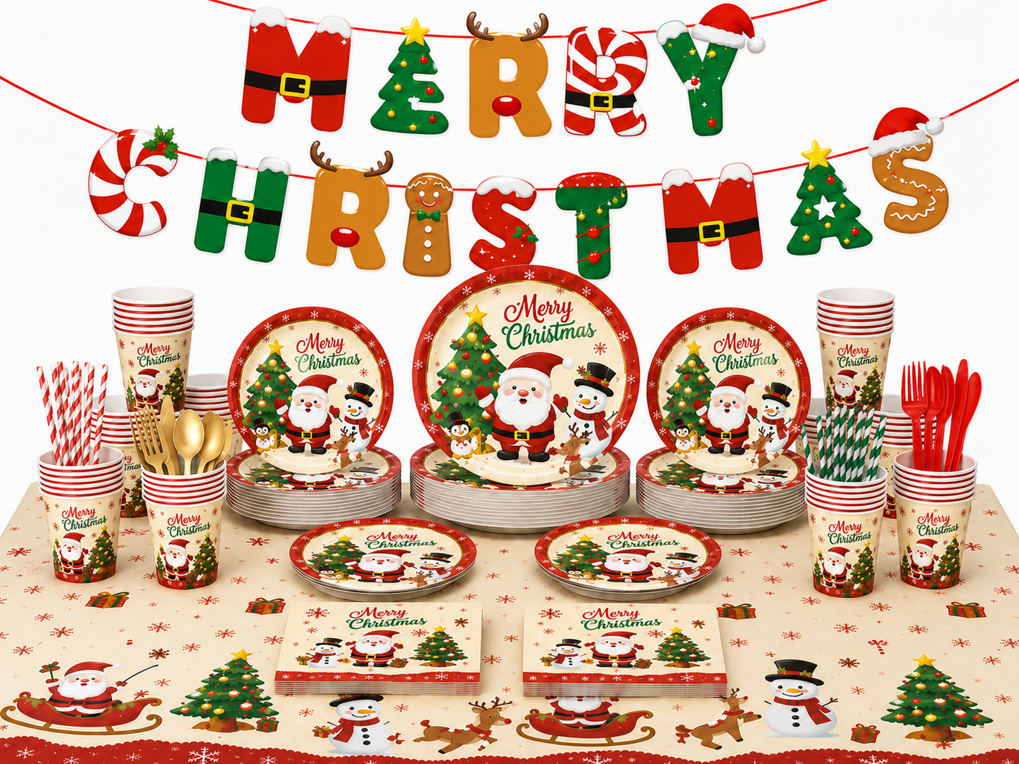 Santa & Snowman Christmas Party Tableware & Decorations Set