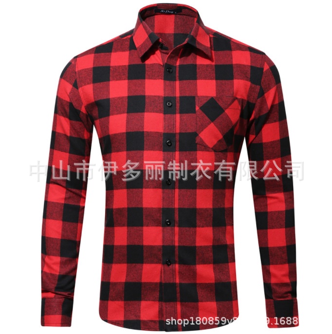 Factory-made Amazon best-selling Faralux European size single-pocket men's spring-autumn checkered shirt for export trade