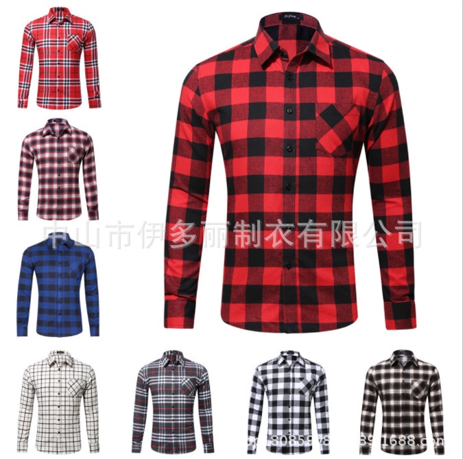 Factory-made Amazon best-selling Faralux European size single-pocket men's spring-autumn checkered shirt for export trade