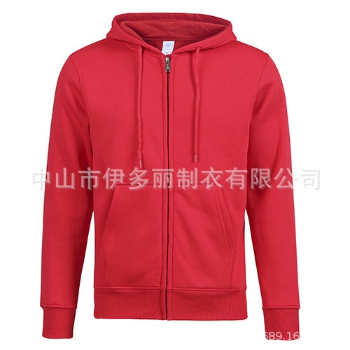 Factory-made European-style men's fleece pullover for autumn and winter, casual and warm, with hood and zipper closure, embroidered pattern on the front.