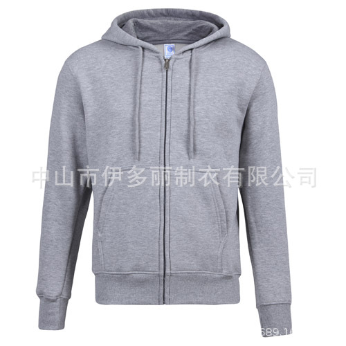 Factory-made European-style men's fleece pullover for autumn and winter, casual and warm, with hood and zipper closure, embroidered pattern on the front.