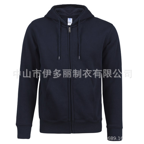 Factory-made European-style men's fleece pullover for autumn and winter, casual and warm, with hood and zipper closure, embroidered pattern on the front.