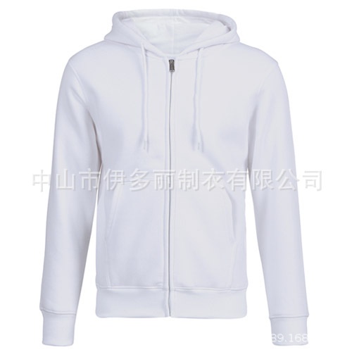 Factory-made European-style men's fleece pullover for autumn and winter, casual and warm, with hood and zipper closure, embroidered pattern on the front.