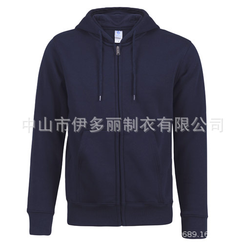 Factory-made European-style men's fleece pullover for autumn and winter, casual and warm, with hood and zipper closure, embroidered pattern on the front.