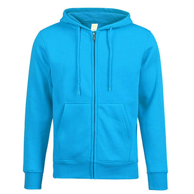 Factory-made European-style men's fleece pullover for autumn and winter, casual and warm, with hood and zipper closure, embroidered pattern on the front.