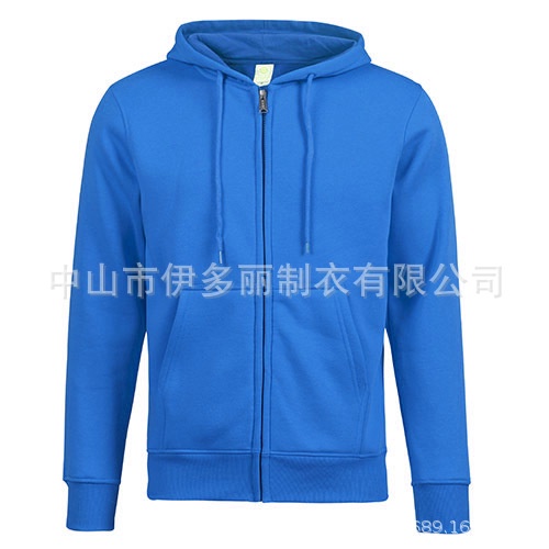 Factory-made European-style men's fleece pullover for autumn and winter, casual and warm, with hood and zipper closure, embroidered pattern on the front.