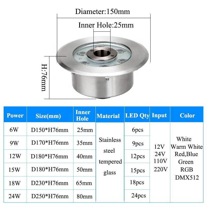 Factory direct sales of AC12V LED fountain lights, stainless steel LED fountain light rings, DMX512 programmable