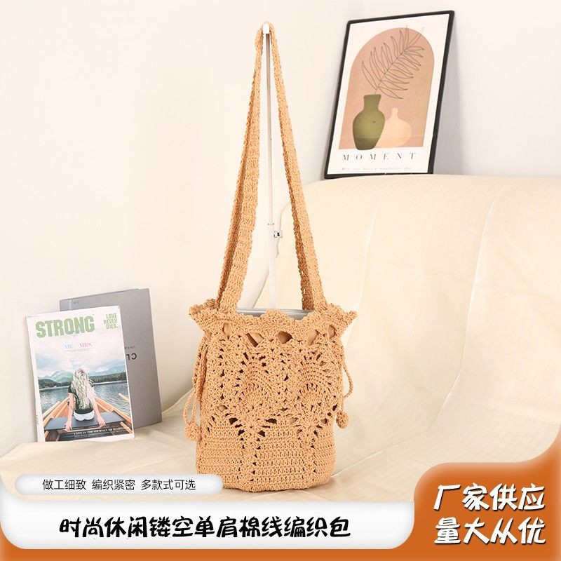 Fashionable and casual hollow one-shoulder cotton woven bag
