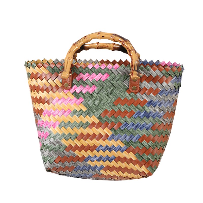 Large-capacity imitation rattan woven bag, hand-woven rattan handle, bamboo woven picnic bag, women's bag, souvenir basket bag