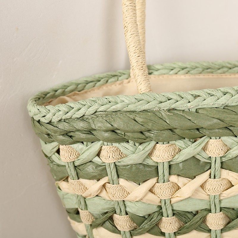Versatile striped straw woven minimalist commuter tote bag