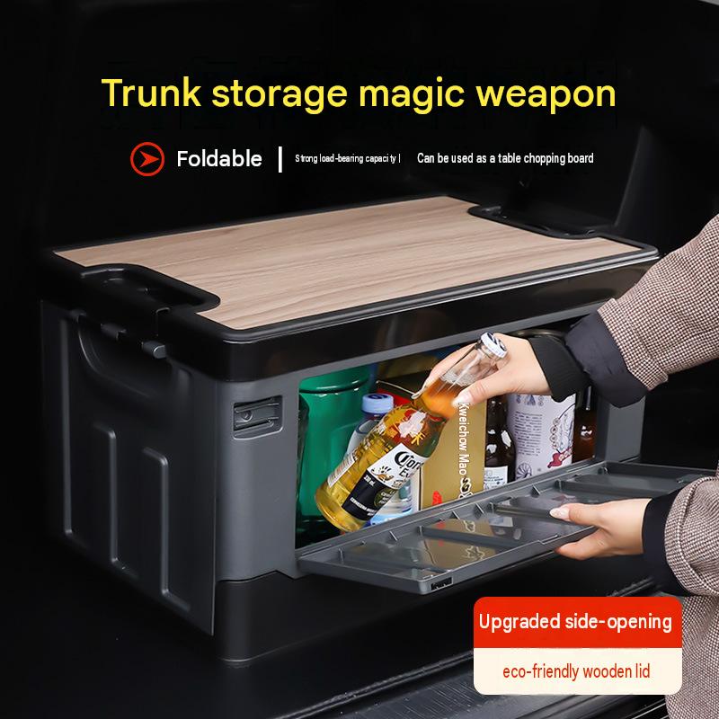 Camping Storage Box with Wooden Lid, Car Trunk Organizer, Foldable Outdoor Camping Container