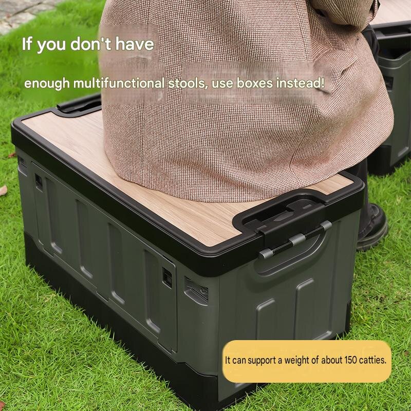 Camping Storage Box with Wooden Lid, Car Trunk Organizer, Foldable Outdoor Camping Container