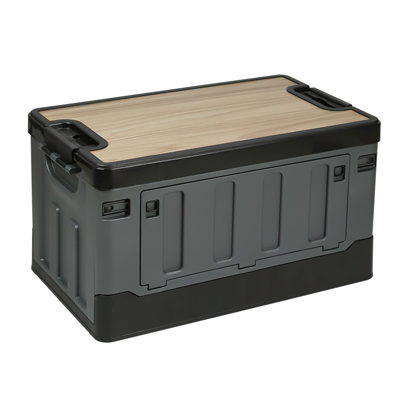 Camping Storage Box with Wooden Lid, Car Trunk Organizer, Foldable Outdoor Camping Container