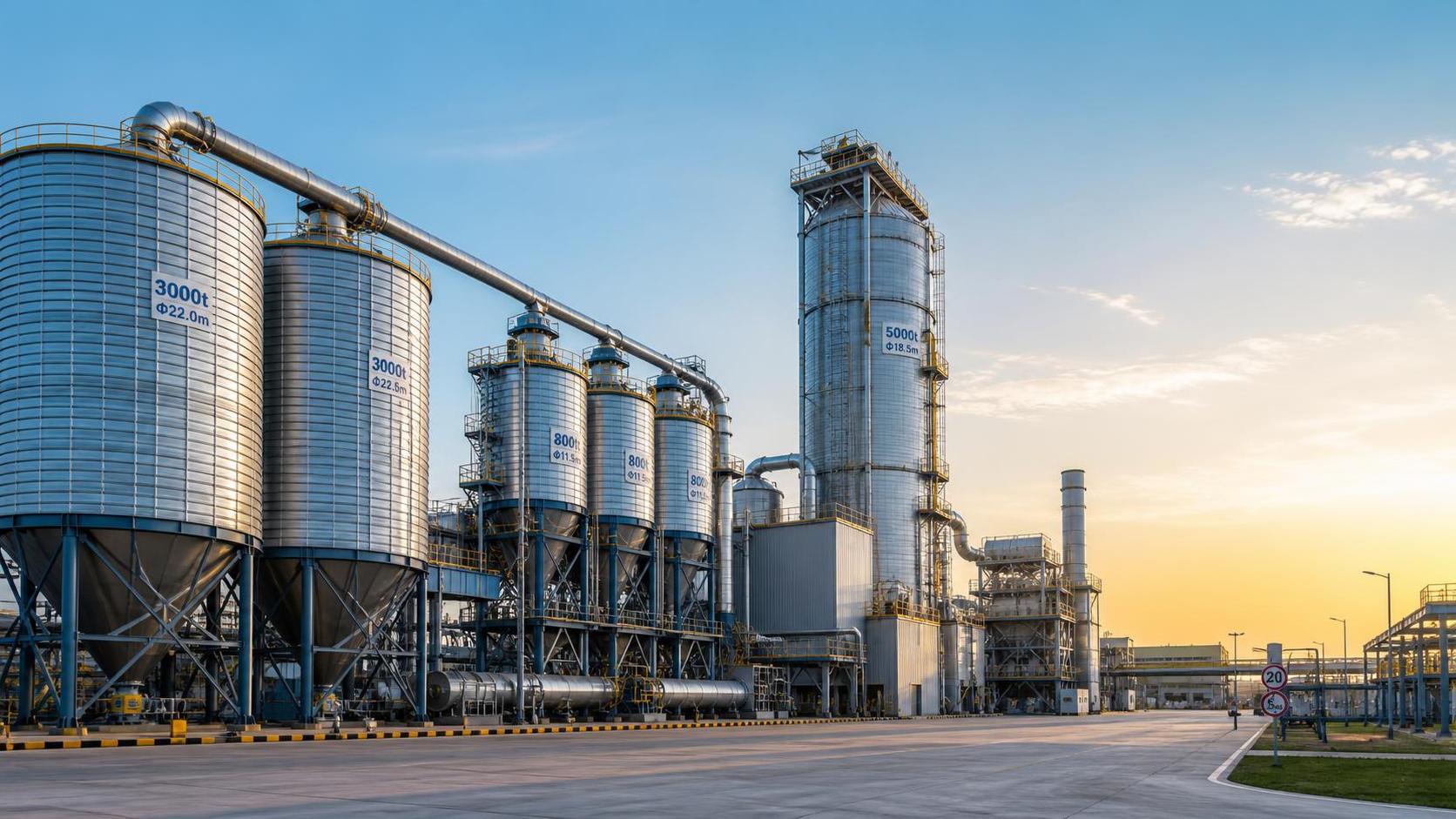 Comparación de silos industriales por capacidad, superficie ocupada y compatibilidad de materiales