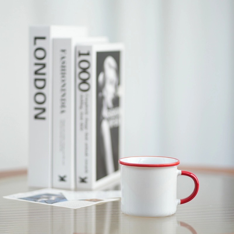 6oz Red-rimmed Imitation Enamel Ceramic Mug