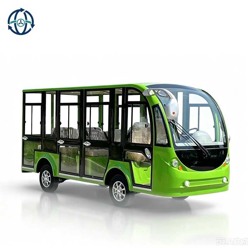 Enclosed Electric Sightseeing Bus-14 Seat Green&White Tourist Shuttle with 5KW Lithium Battery for Scenic Spot & Resort