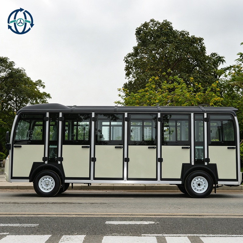 Enclosed Electric Sightseeing Bus-14 Seat Green&White Tourist Shuttle with 5KW Lithium Battery for Scenic Spot & Resort
