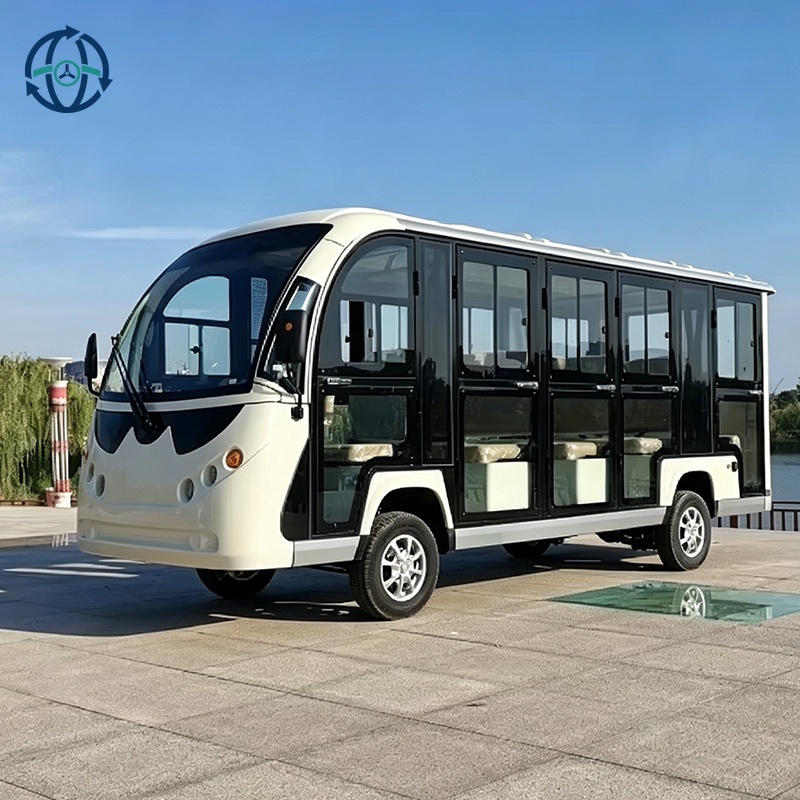 Enclosed Electric Sightseeing Bus-14 Seat Green&White Tourist Shuttle with 5KW Lithium Battery for Scenic Spot & Resort
