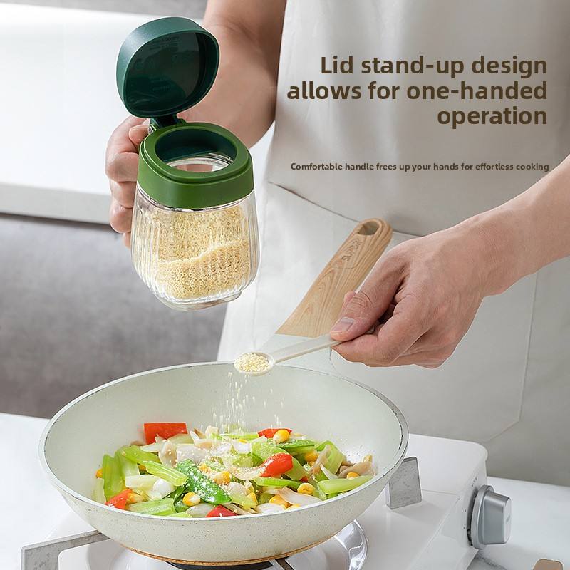 Glass Seasoning Bottle Automatic Opening Closing Green Modern Minimalist 350ml