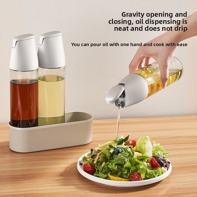 Glass Oil Seasoning Bottle Jar Set Automatic Opening Closing Lid Combination for Kitchen