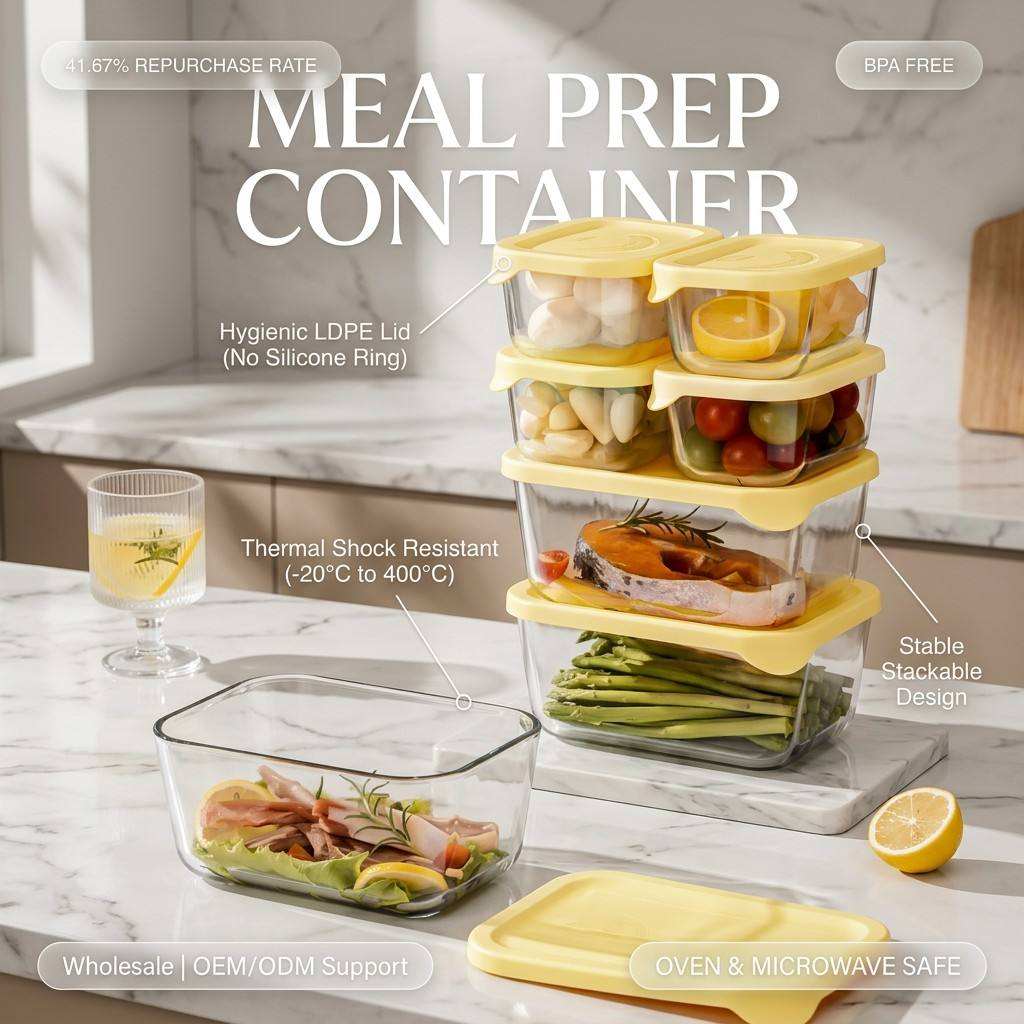 Borosilicate Glass Food Container with LDPE Lid Heat Resistant Stackable Meal Prep Bowl