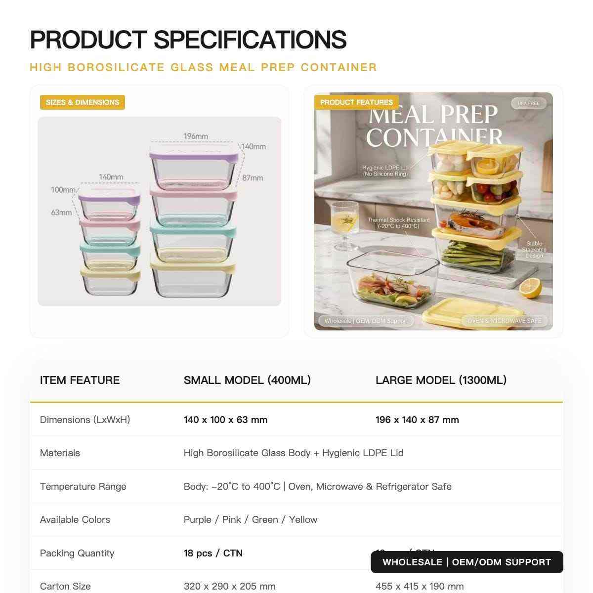Borosilicate Glass Food Container with LDPE Lid Heat Resistant Stackable Meal Prep Bowl