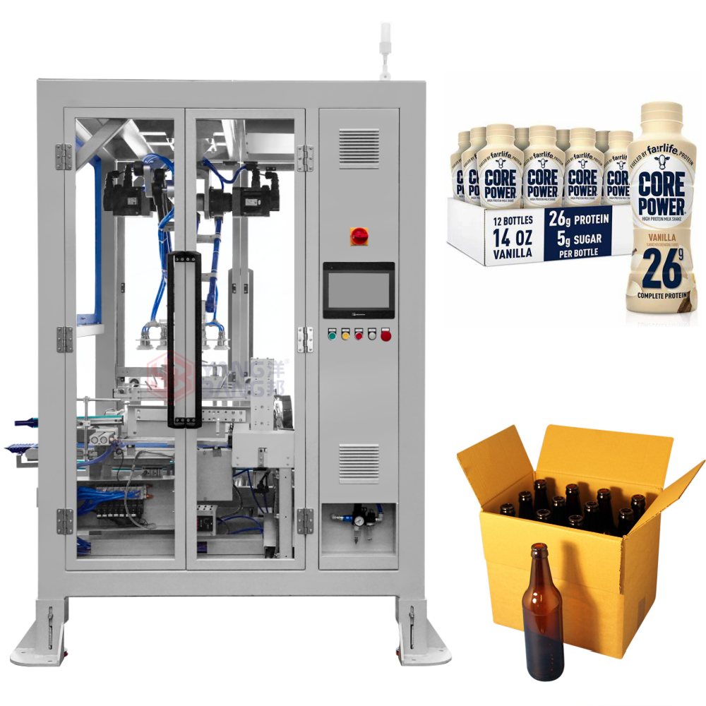 Machine automatique de mise en caisse de bouteilles de boissons, de bière et de vin avec bras robotisé de prise et de dépose