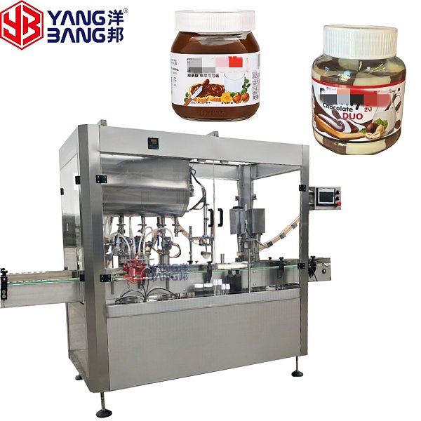 Machine automatique de remplissage et de bouchage de bouteilles et pots pour sauces épaisses, haute précision, pour sauce au chocolat, modèle YB-J4B, destinée aux applications industrielles