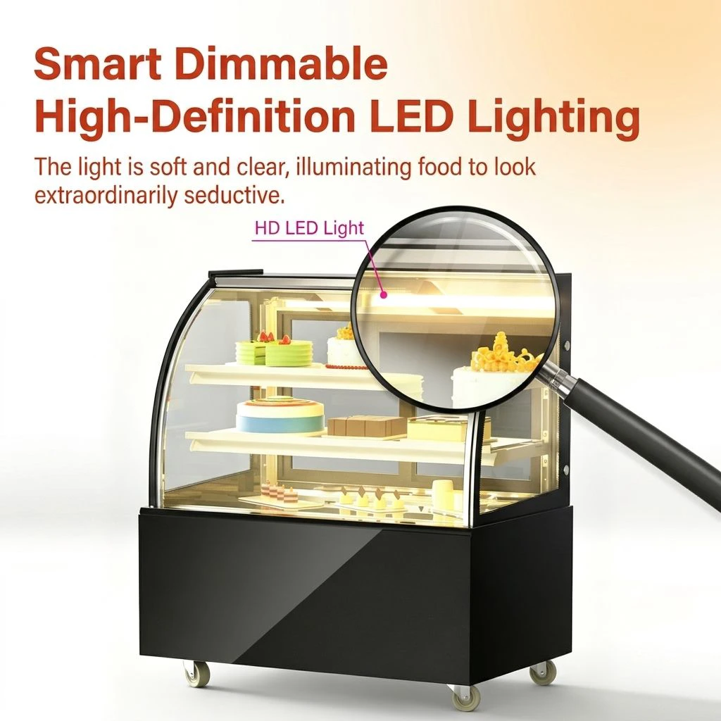 Curved Glass Cake Showcase Refrigerator Air Cooled Anti-fog Commercial Bakery Dessert Display Chiller