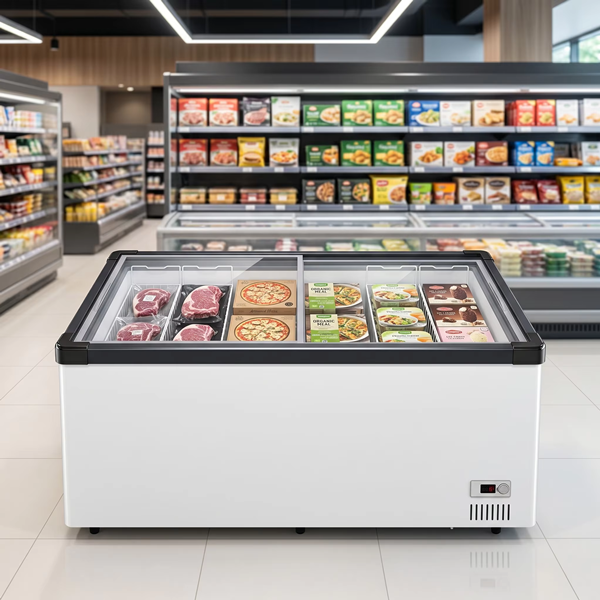 Commercial Supermarket Island Display Freezer | Sliding Glass Chest Freezer for Frozen Food & Ice Cream