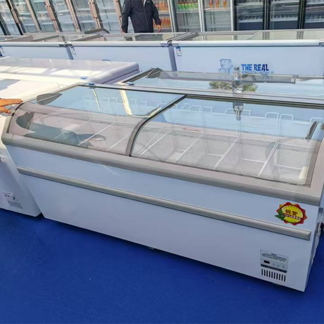 Curved Sliding Glass Lid Island Freezer