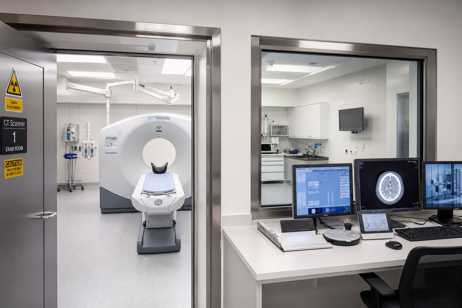 Radiation shielding doors and lead glass