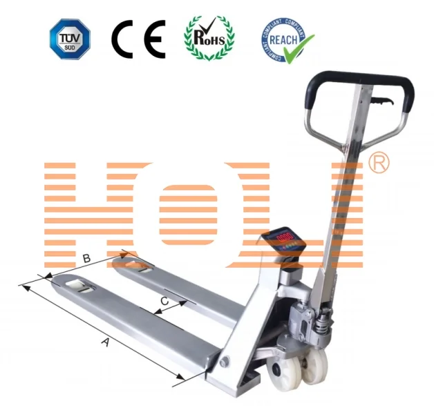 Báscula hidráulica para palés HPS-BSS, totalmente de acero inoxidable, para palés de madera y logística de almacén, fácil de desplazar y maniobrar, con protección contra el lavado IP68