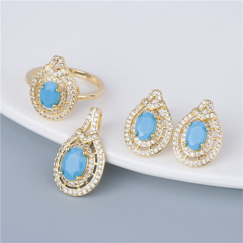 Gold Plated Colored Gemstone Jewelry Set, 3Pcs Necklace Earrings Ring Vintage Crystal Jewellery Set for Women Wedding Party Gold Plated Colored Gemstone Jewelry Set, 3Pcs Necklace Earrings Ring Vintage Crystal Jewellery Set for Women Wedding Party