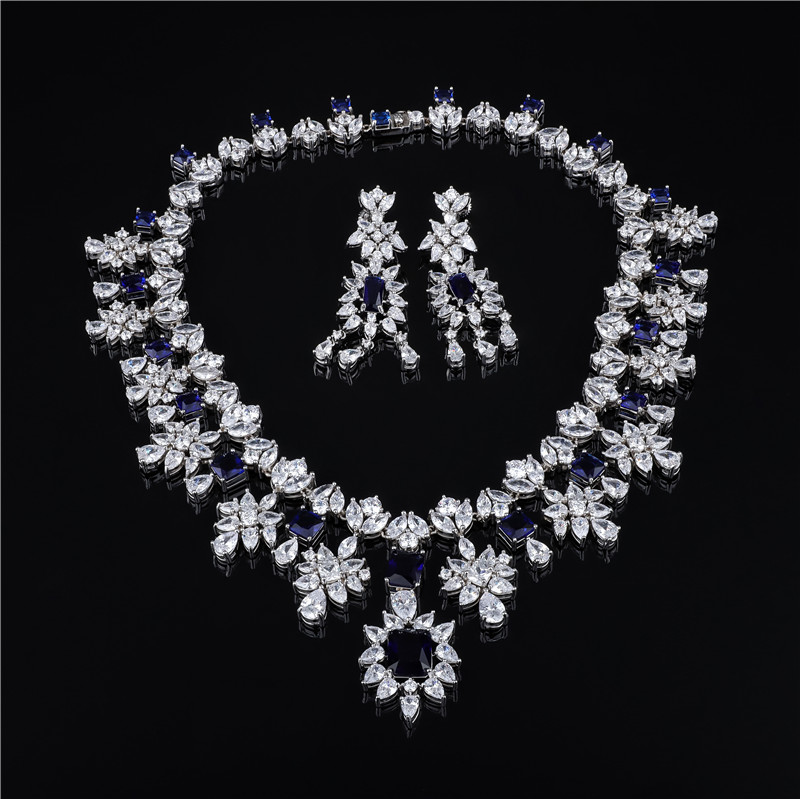 Luxury Sapphire Blue CZ Bridal Jewelry Set | Necklace & Drop Earrings
