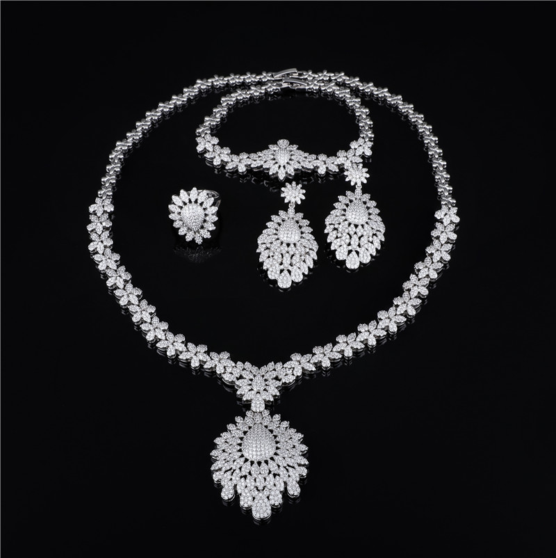 4Pcs Clear CZ Bridal Jewelry Set Necklace Earrings Bracelet Ring 4Pcs Clear CZ Bridal Jewelry Set Necklace Earrings Bracelet Ring