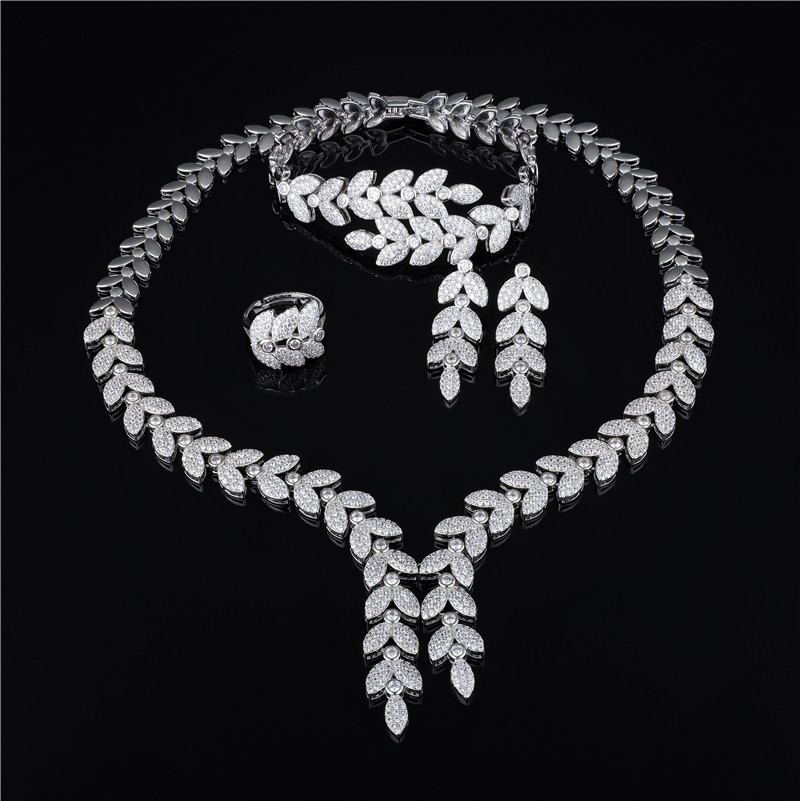 4Pcs Clear CZ Leaf Bridal Jewelry Set Necklace Earrings Bracelet Ring 4Pcs Clear CZ Leaf Bridal Jewelry Set Necklace Earrings Bracelet Ring