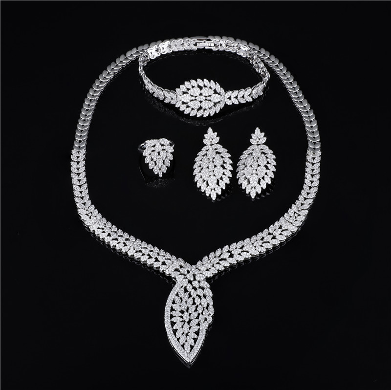4Pcs Clear CZ Leaf Bridal Jewelry Set Necklace Earrings Bracelet Ring