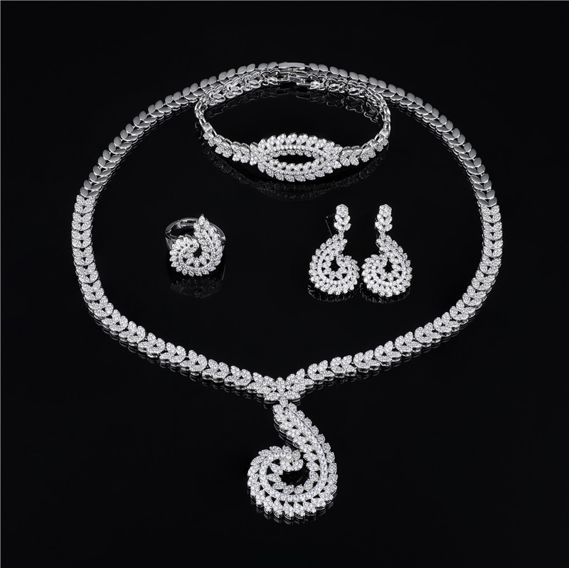 4Pcs Clear CZ Spiral Bridal Jewelry Set Necklace Earrings Bracelet Ring 4Pcs Clear CZ Spiral Bridal Jewelry Set Necklace Earrings Bracelet Ring