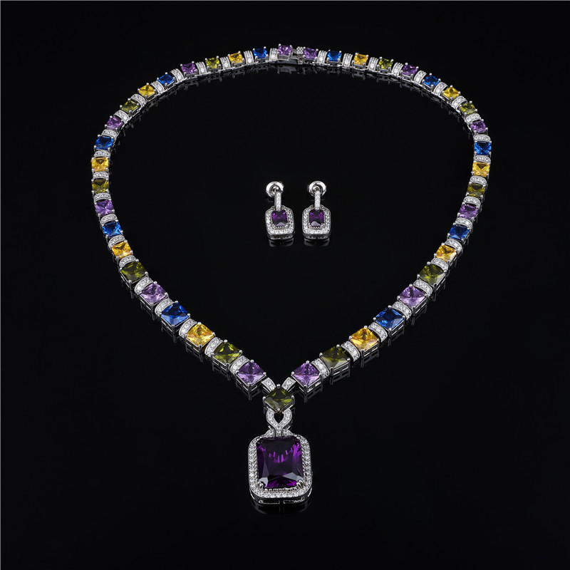 Blue & Yellow Crystal Necklace Set with Purple Square Pendant and Stud Earrings - Glamorous Cocktail Jewelry Set Blue & Yellow Crystal Necklace Set with Purple Square Pendant and Stud Earrings - Glamorous Cocktail Jewelry Set
