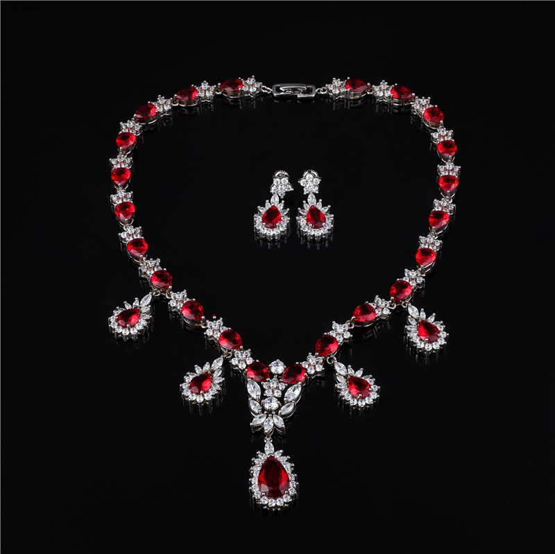 Elegant Red Ruby-Color Teardrop Necklace and Earrings Set - Silver Tone Bridal Jewelry Elegant Red Ruby-Color Teardrop Necklace and Earrings Set - Silver Tone Bridal Jewelry