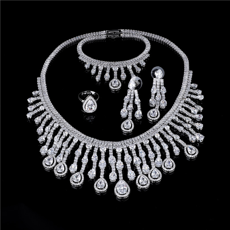 Dramatic Silver Bridal Statement Necklace Set with Chandelier Earrings and Ring - Art Deco Wedding Jewelry Dramatic Silver Bridal Statement Necklace Set with Chandelier Earrings and Ring - Art Deco Wedding Jewelry