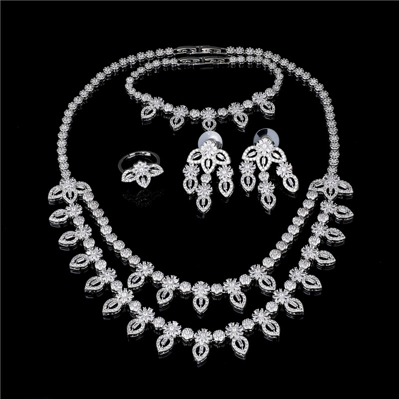 Luxurious Clear Crystal Double-Row Graduated Bib Necklace and Chandelier Earrings Set - Silver Tone Statement Jewelry Luxurious Clear Crystal Double-Row Graduated Bib Necklace and Chandelier Earrings Set - Silver Tone Statement Jewelry