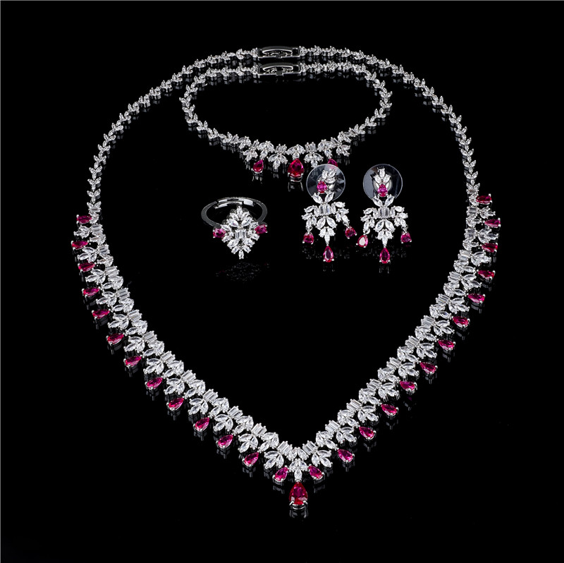 Passionate Ruby-Red and Clear Crystal V-Necklace with Teardrop Earrings - Romantic Rhinestone Jewelry Set Passionate Ruby-Red and Clear Crystal V-Necklace with Teardrop Earrings - Romantic Rhinestone Jewelry Set